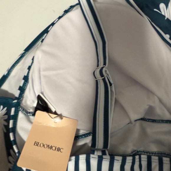 BloomChic Plus Size One Piece Swimsuit Floral Striped Crisscross Front Teal Blue - Picture 9 of 9